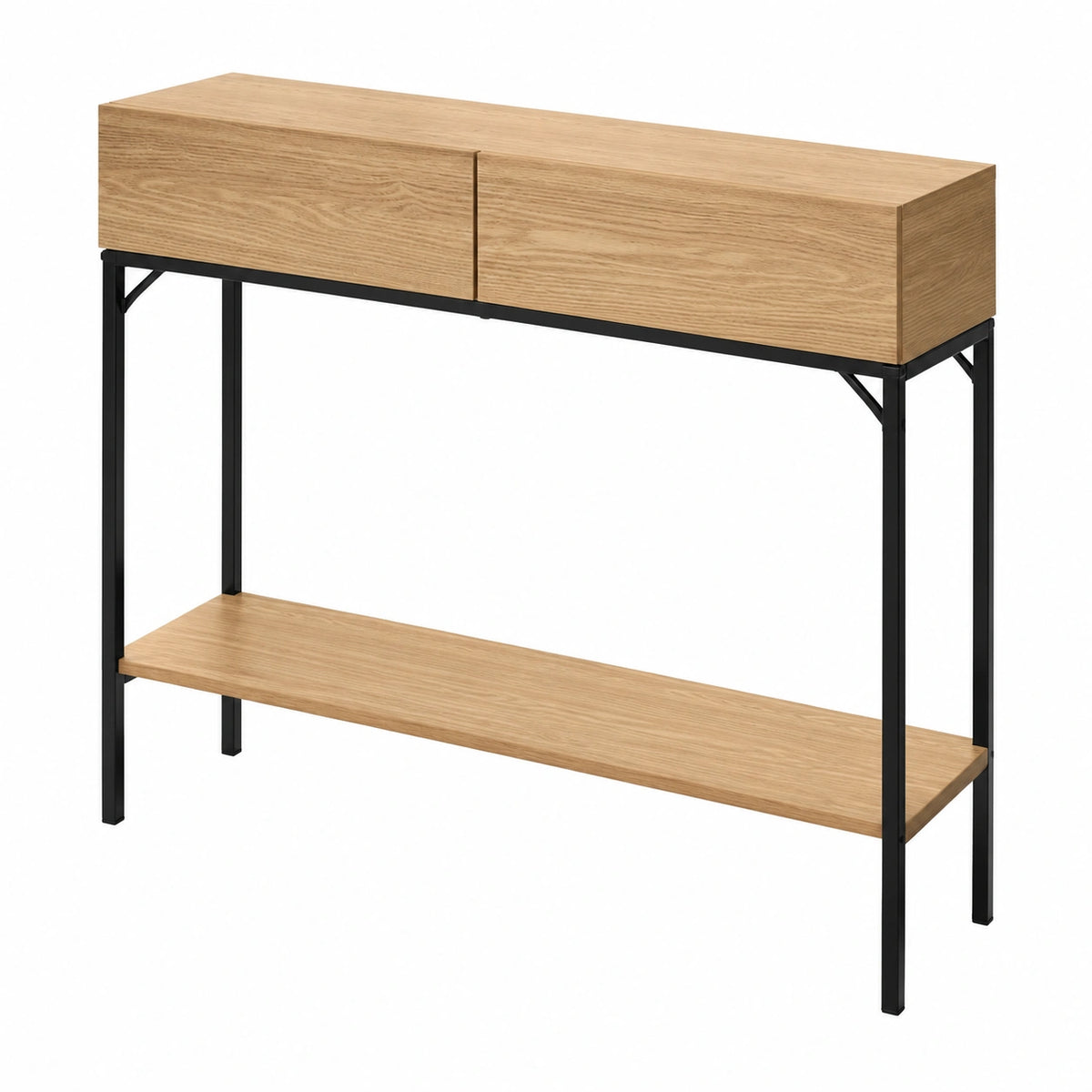Industrieller Konsolentisch aus Holzoptik mit 2 Schubladen, 1 Regal und Metallstruktur, 100x35x80 cm