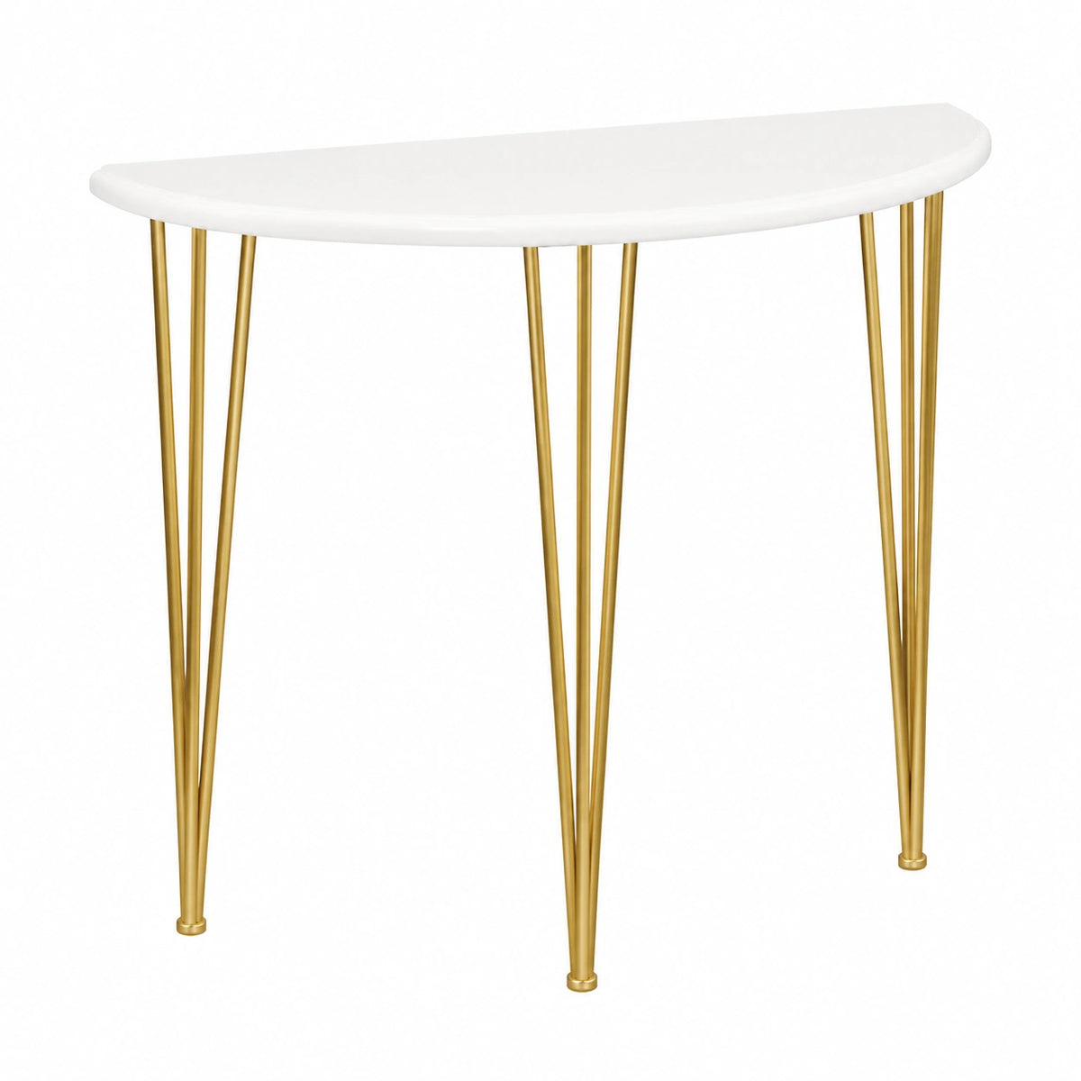 Schmaler Halbmond-Konsolentisch aus Holz mit Metallgestell für Flur und Wohnzimmer, Gold, 60x25x80 cm