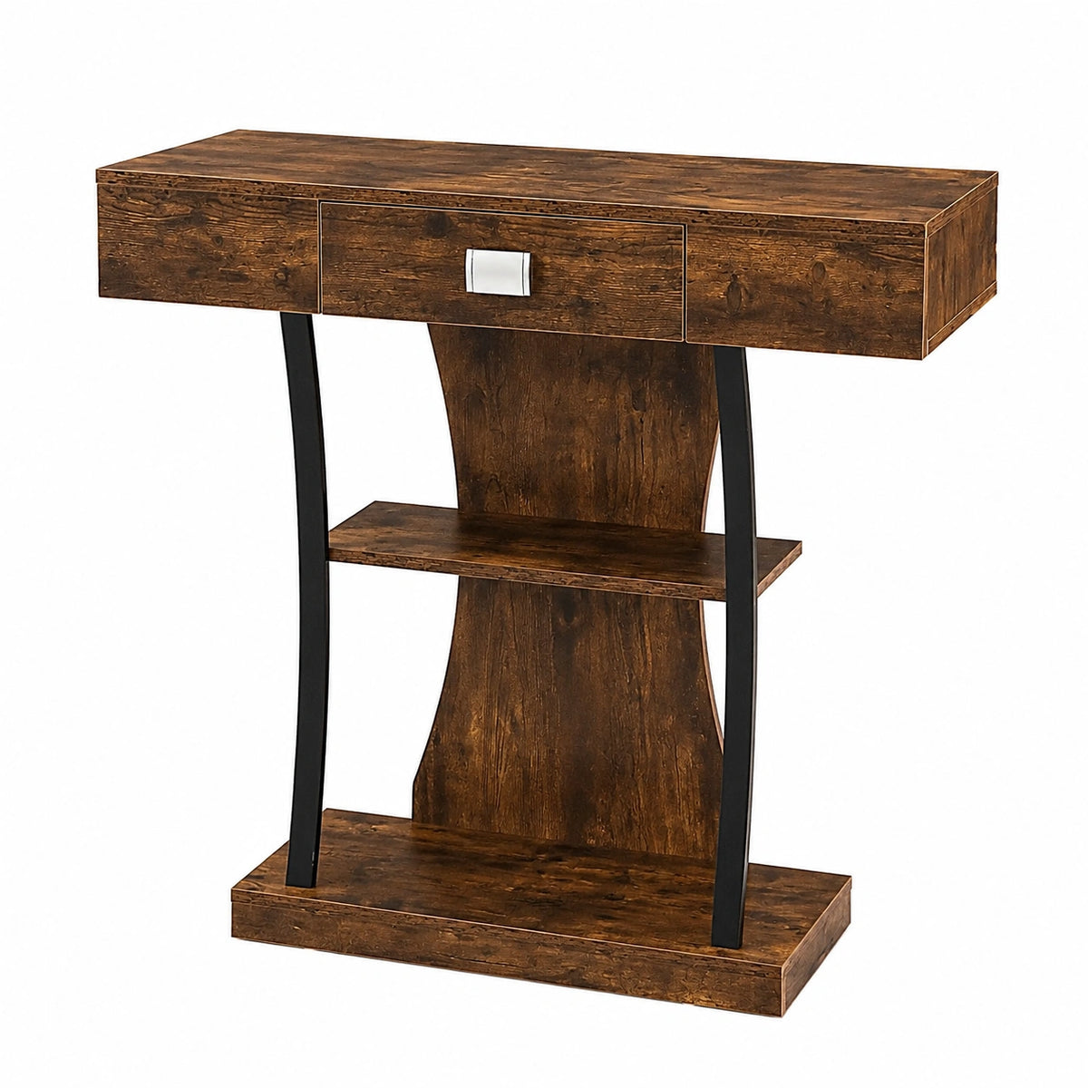 Industrieller Konsolentisch aus Holz mit Schubladen und Ablagen, Metallrahmen, 91x30x88 cm, Braun
