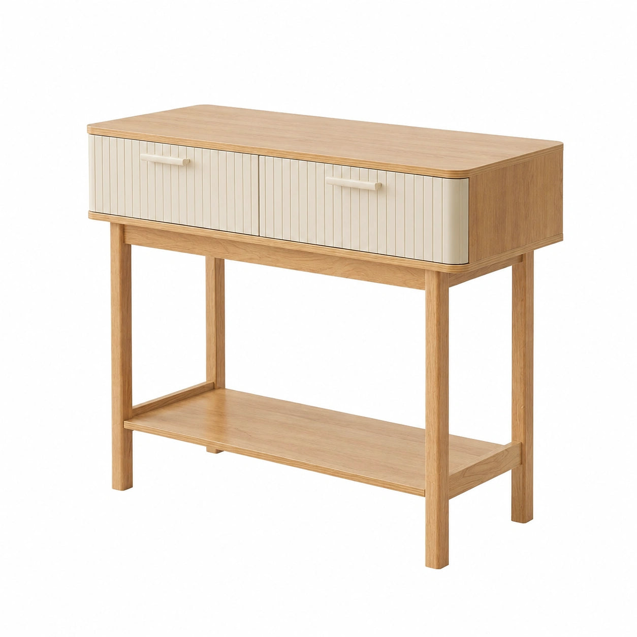 Kompakter Konsolentisch mit geriffelten Schubladen und Holzgestell in Eicheoptik, 100x40x80cm, Sandfarben