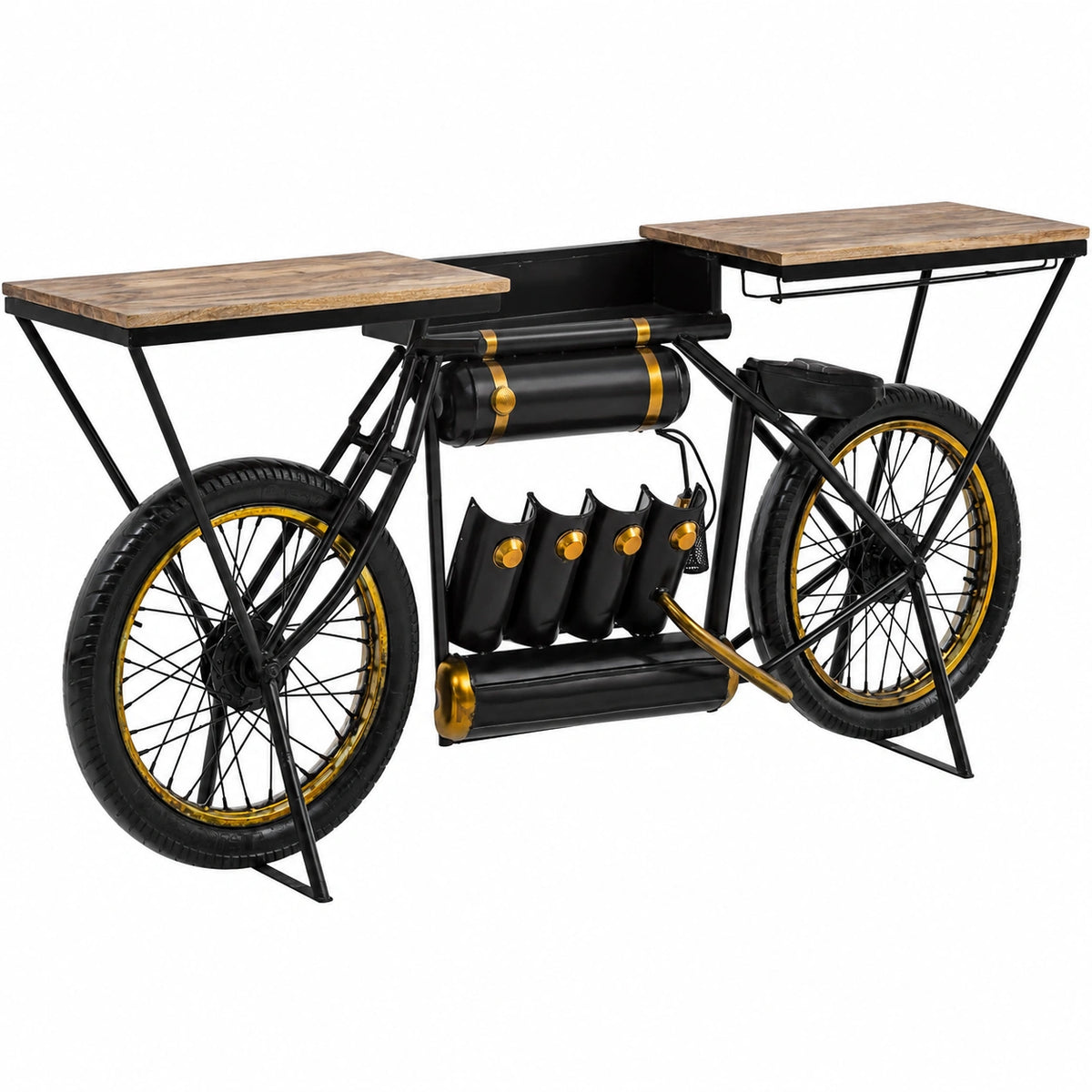 Holz Motorrad Bar mit Flaschenregal I Konsolentisch für Zuhause I Rustikaler Bartisch I Hausbar mit Ablage