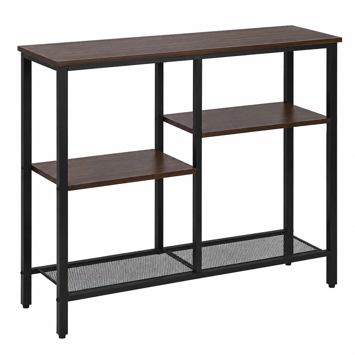 Konsolentisch aus Metall und MDF, Industriedesign, 4 Ablagen, 75 x 80 x 22 cm, Braun/Schwarz