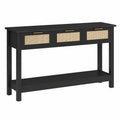 Schmaler Konsolentisch aus Holz und Rattan mit 3 Schubladen, Boho Design, 120 x 30 x 80 cm, Schwarz