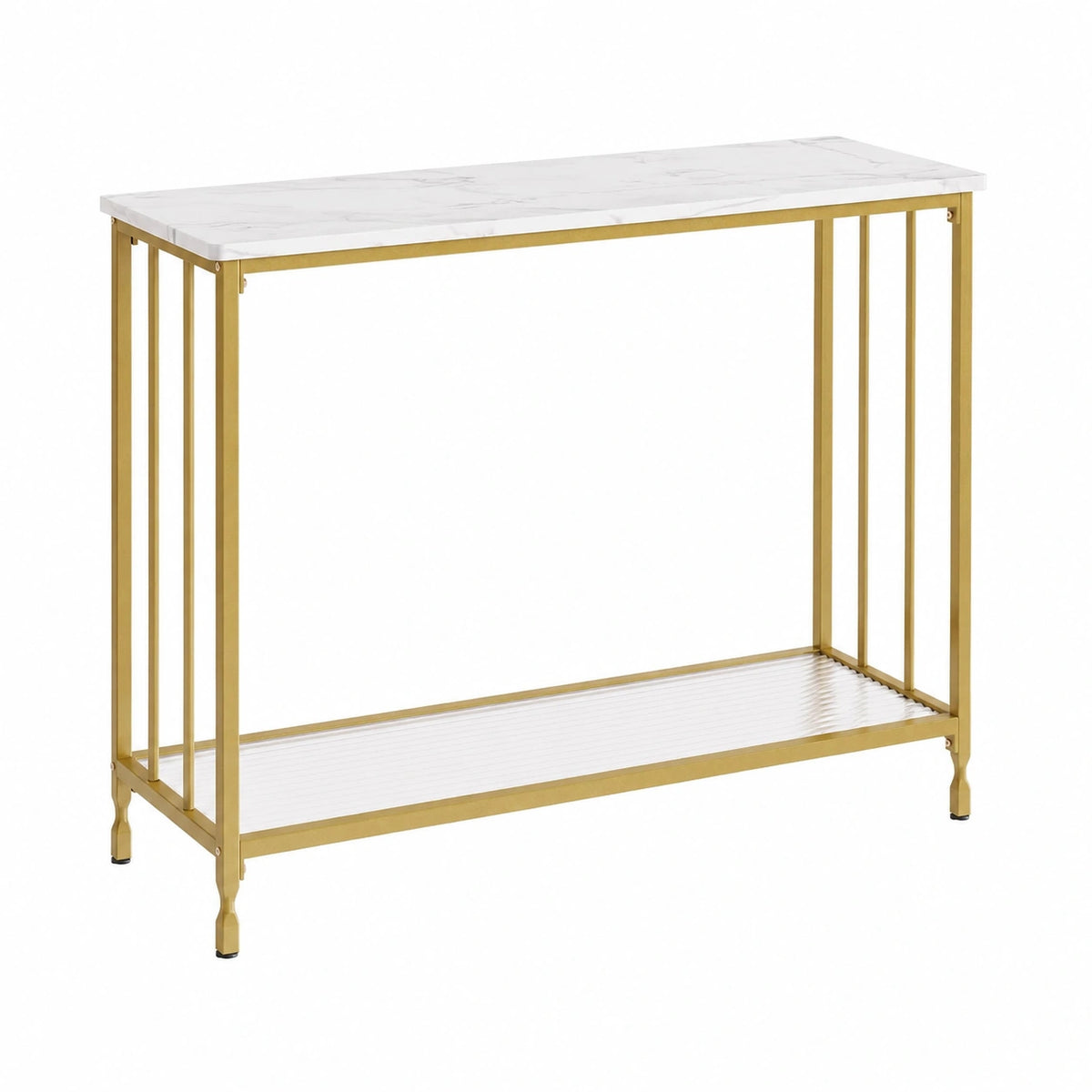Schmaler Konsolentisch mit Regal, 85x30x81 cm, Industrieller Stil, Weiß-Gold